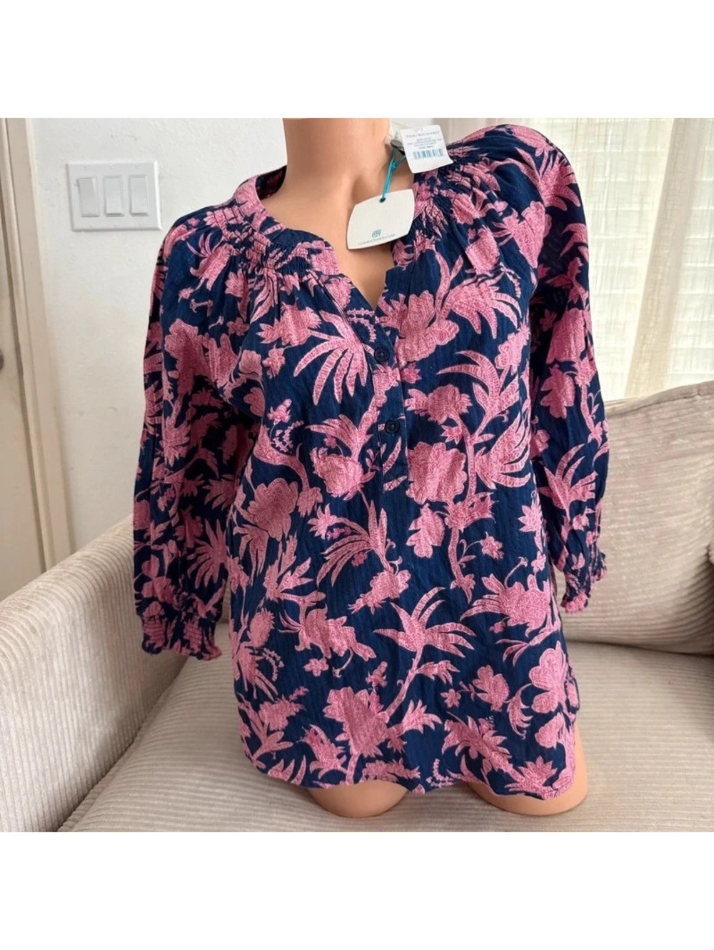 NWT tori richard navy and pink floral blouse